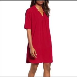 Bobeau V Neck Curved Hem Pleated Shirt Dress